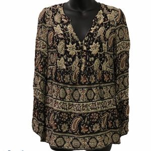LUCKY BRAND bohemian oversized XS 3/4 Sleeve Paisley Boho Ruched V-Neck